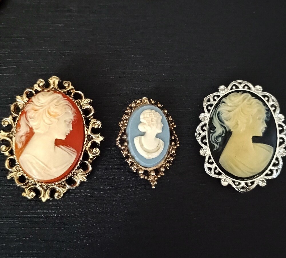 Vintage-Inspired Cameo Brooch - Silver  Frame with Coral, Blue, and Black Cameos